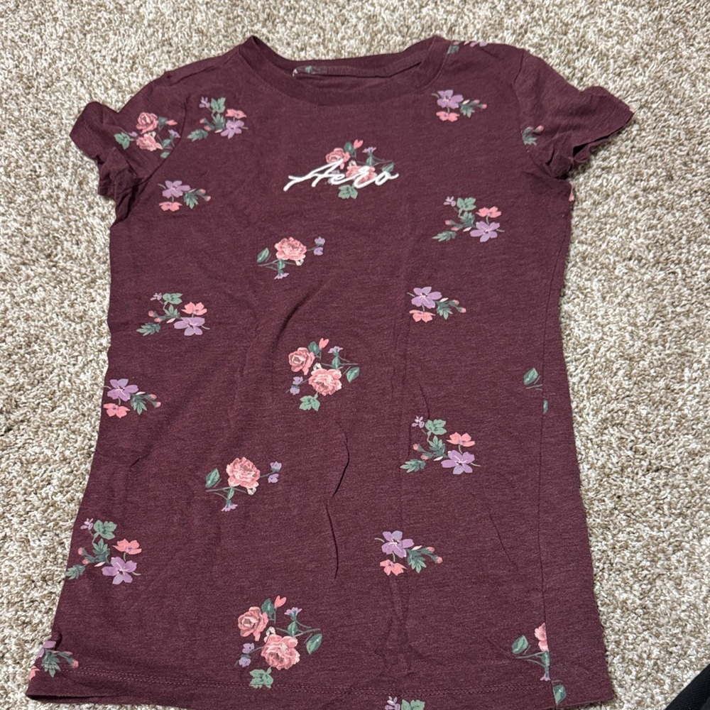 Aeropostale Burgundy Floral Crew Tee